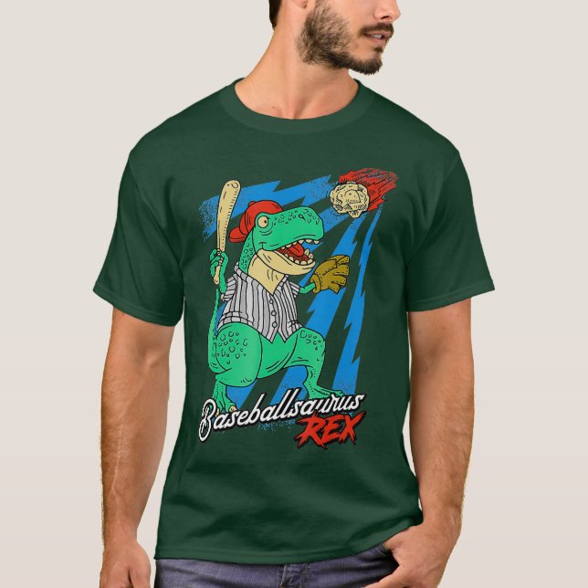 Baseballsaurus T-Rex Dinosaur Playing Baseball T-Shirt (Front)