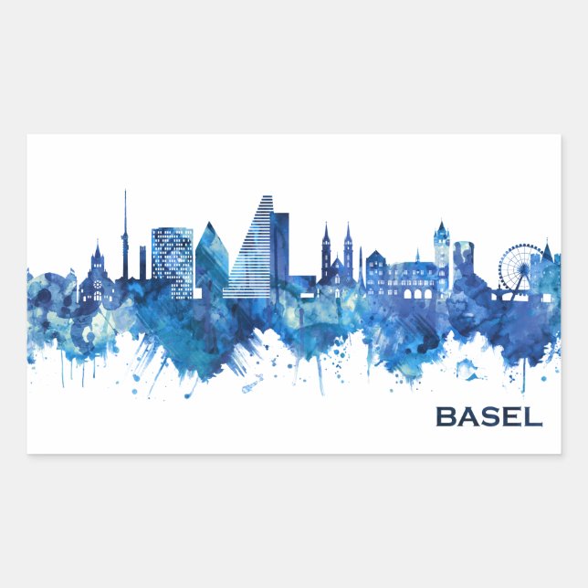 Basel Switzerland Skyline Blue Rectangular Sticker (Front)