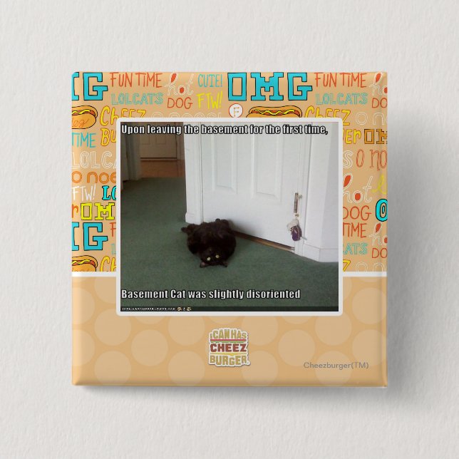 Basement Cat, slightly disoriented Pinback Button (Front)