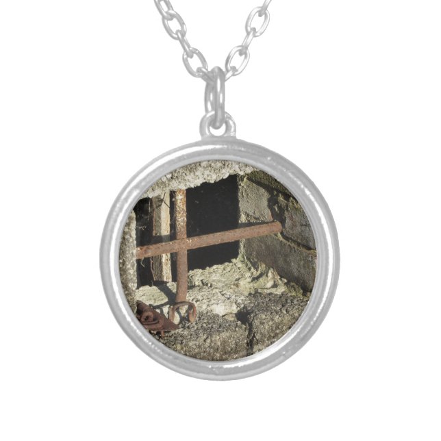 Basement window with rusty iron bars silver plated necklace (Front)