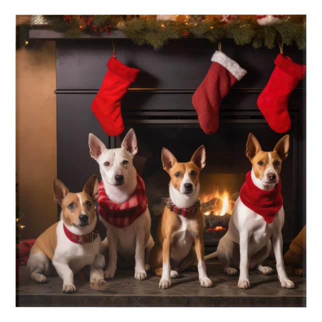 Basenji by the Fireplace Christmas Acrylic Print (Front)