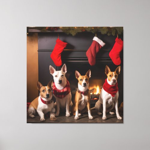Basenji by the Fireplace Christmas Canvas Print