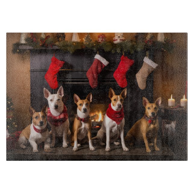 Basenji by the Fireplace Christmas Cutting Board (Front)