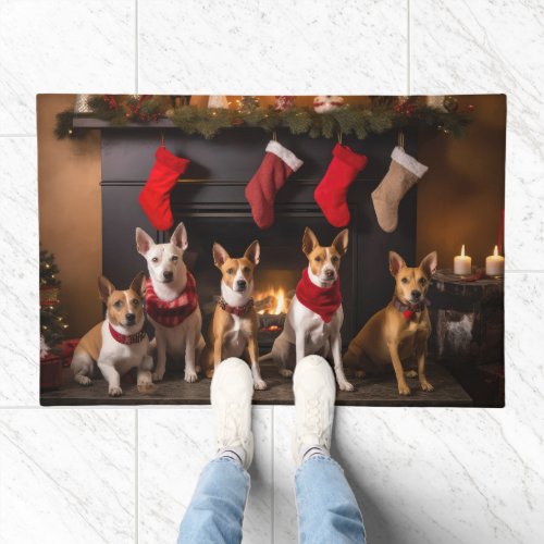 Basenji by the Fireplace Christmas Doormat
