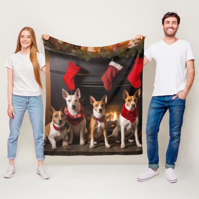 Basenji by the Fireplace Christmas Fleece Blanket (In Situ)