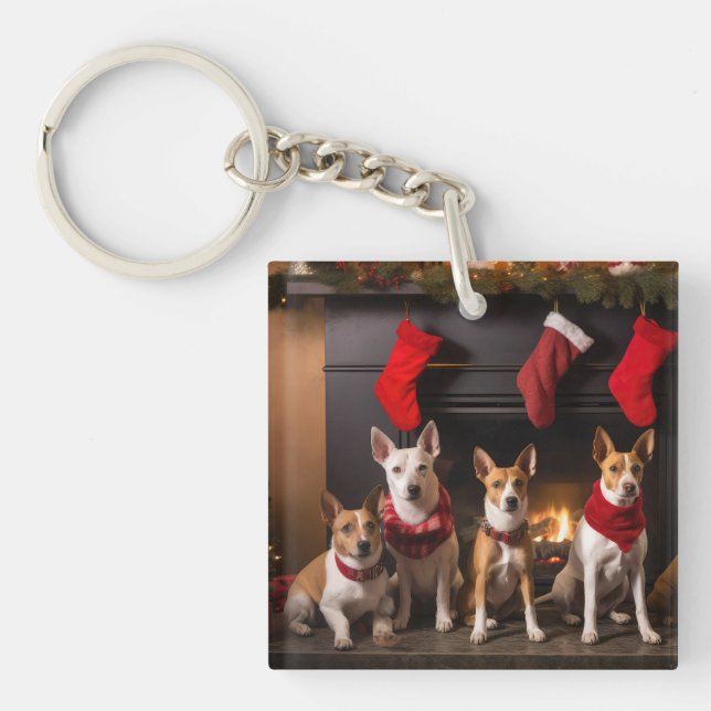 Basenji by the Fireplace Christmas Keychain (Front)