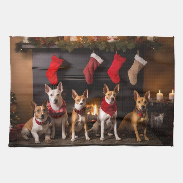 Basenji by the Fireplace Christmas Kitchen Towel (Horizontal)