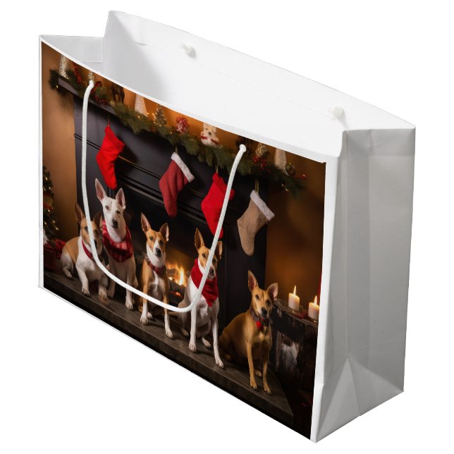 Basenji by the Fireplace Christmas Large Gift Bag (Front Angled)
