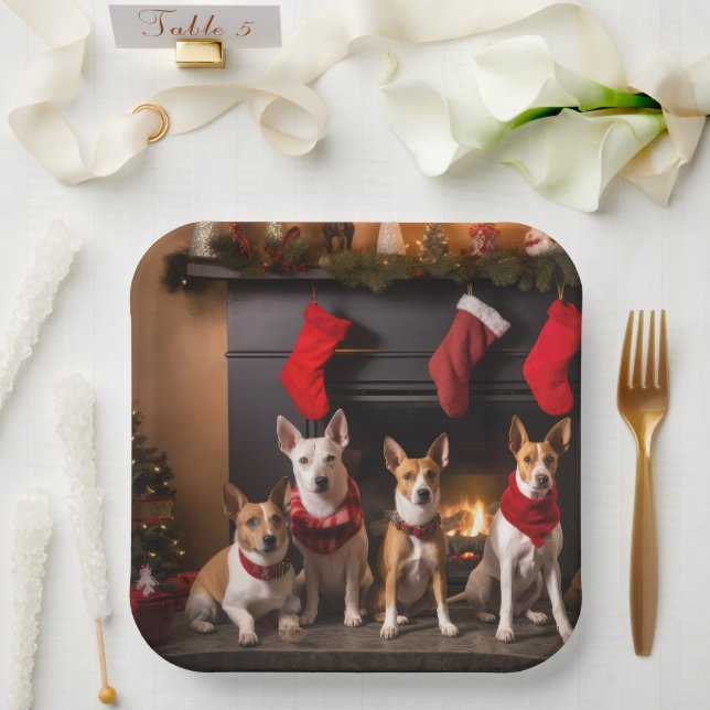 Basenji by the Fireplace Christmas Paper Plates (Wedding)