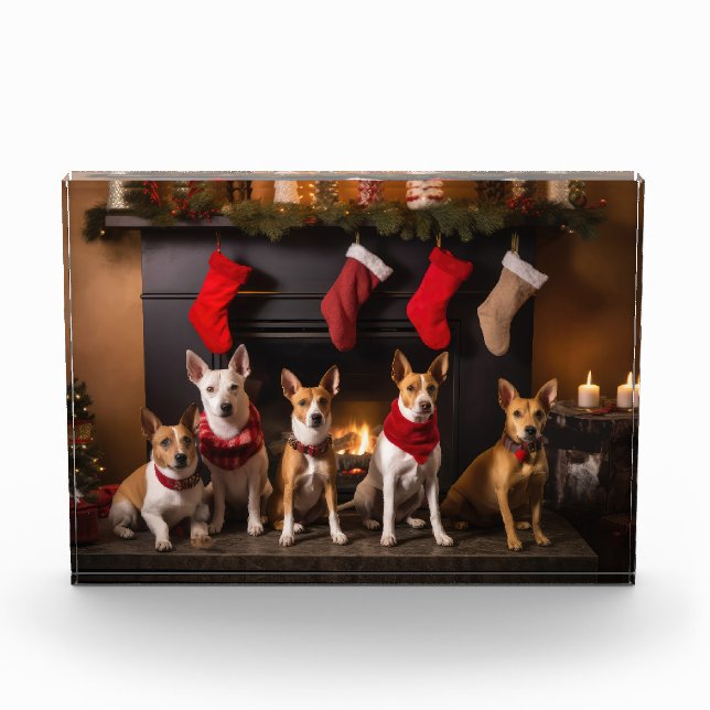 Basenji by the Fireplace Christmas Photo Block (Front)