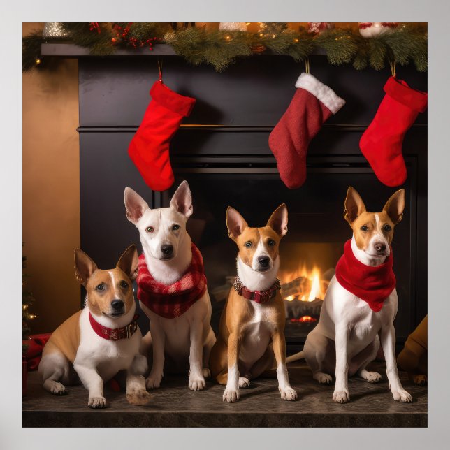 Basenji by the Fireplace Christmas Poster (Front)