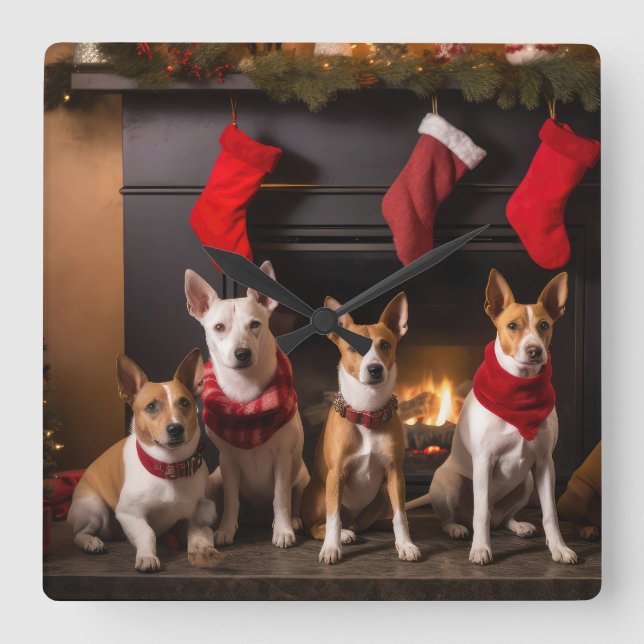 Basenji by the Fireplace Christmas Square Wall Clock (Front)
