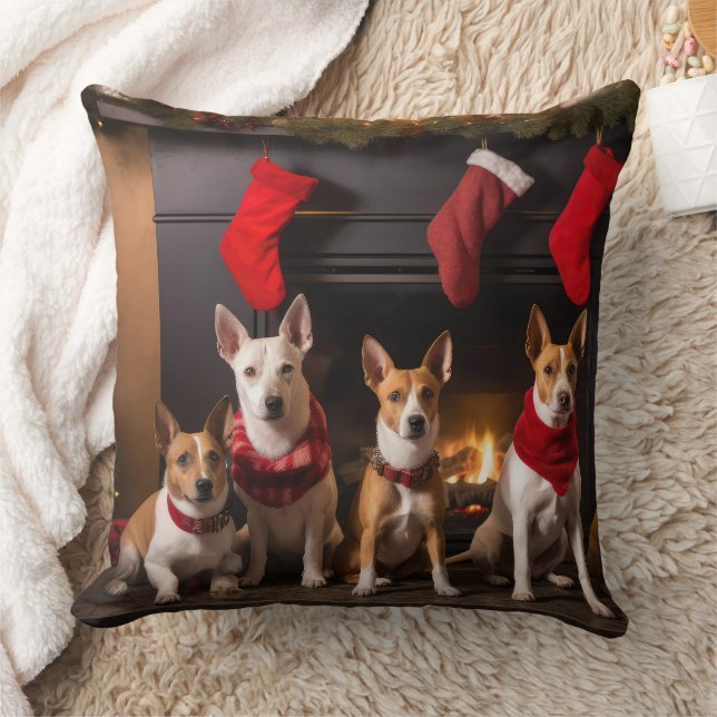 Basenji by the Fireplace Christmas Throw Pillow (Blanket)