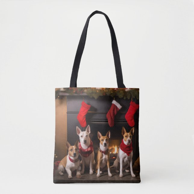 Basenji by the Fireplace Christmas Tote Bag (Front)