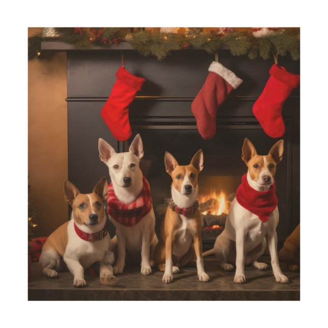 Basenji by the Fireplace Christmas Wood Wall Art (Front)