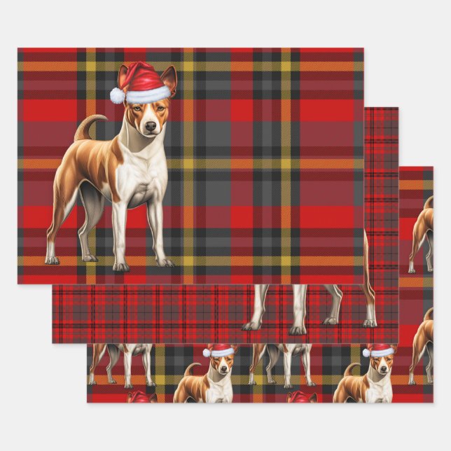Basenji Christmas Dog Red Holiday Plaid Wrapping Paper Sheets (Set)