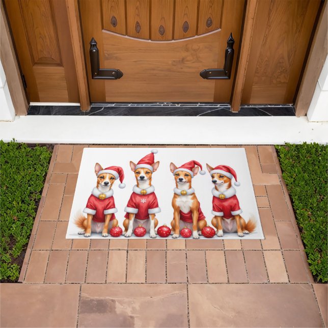 Basenji Christmas Dress Santa Hat Doormat (Outdoor)