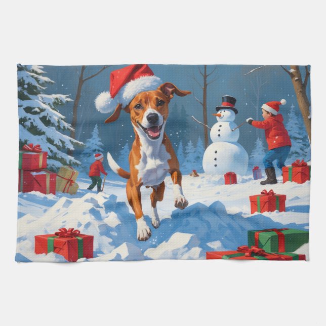 Basenji Christmas Festive Snow Scene Kitchen Towel (Horizontal)
