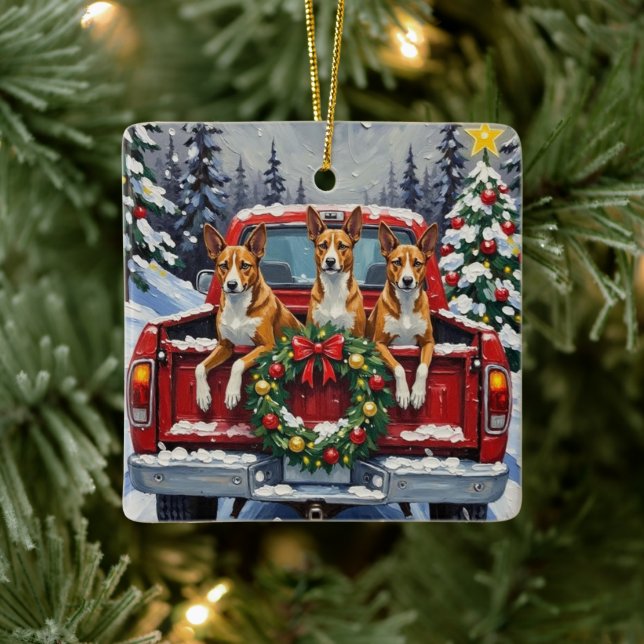 Basenji Christmas Red Truck Holiday Ceramic Ornament (Tree)