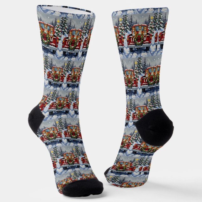 Basenji Christmas Red Truck Holiday Socks (Angled)
