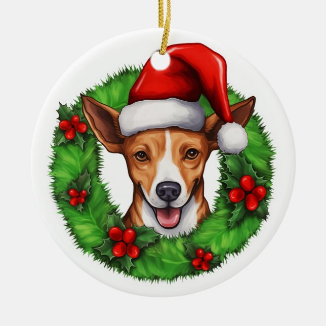 Basenji Christmas wreath Ceramic Ornament (Front)