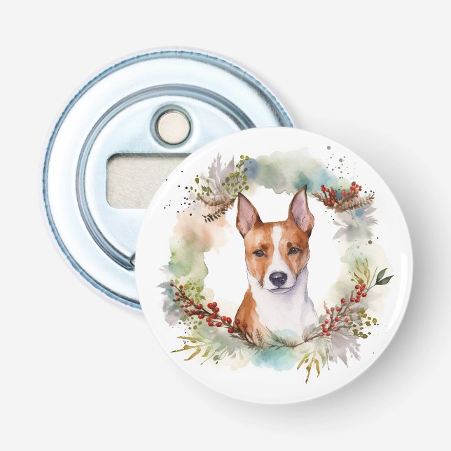 Basenji Christmas Wreath Festive Pup Bottle Opener (Front)