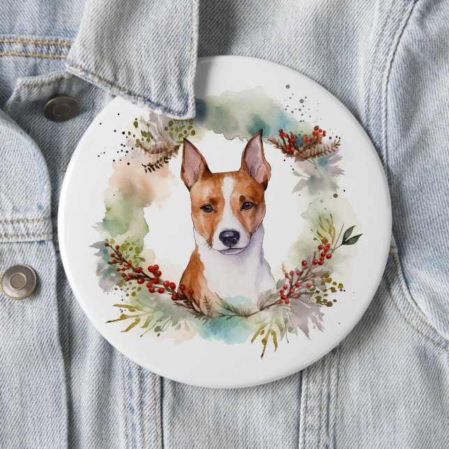 Basenji Christmas Wreath Festive Pup Button (In Situ)