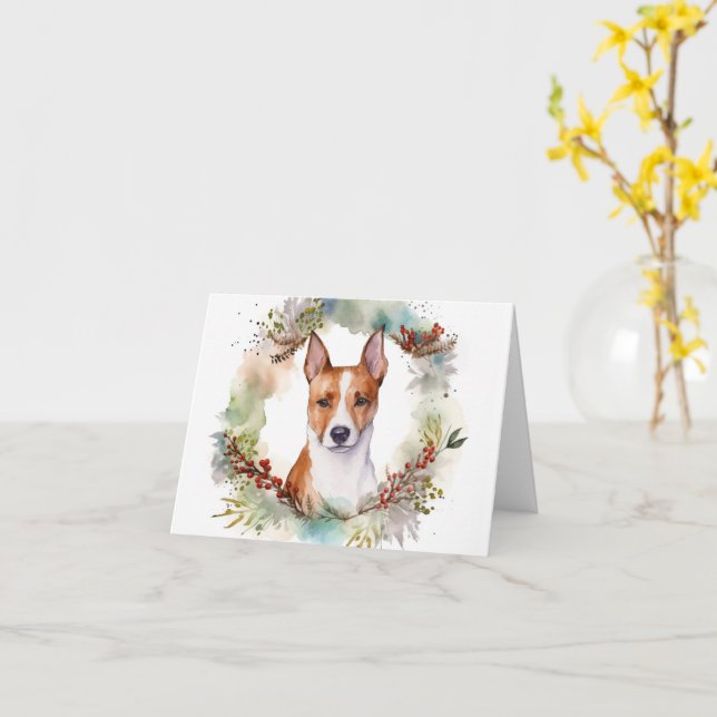 Basenji Christmas Wreath Festive Pup Card (Yellow Flower)