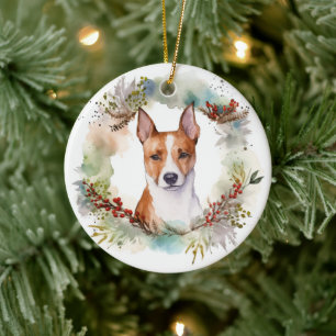 Basenji Christmas Wreath Festive Pup Ceramic Ornament
