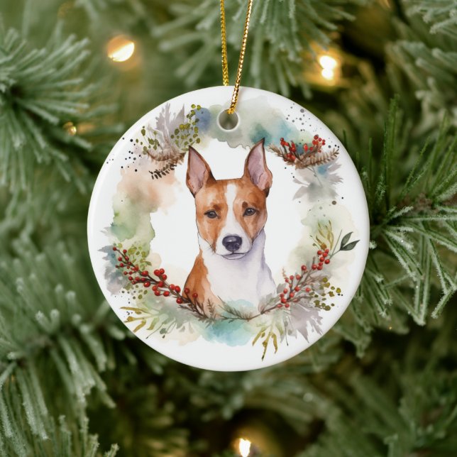 Basenji Christmas Wreath Festive Pup Ceramic Ornament (Tree)