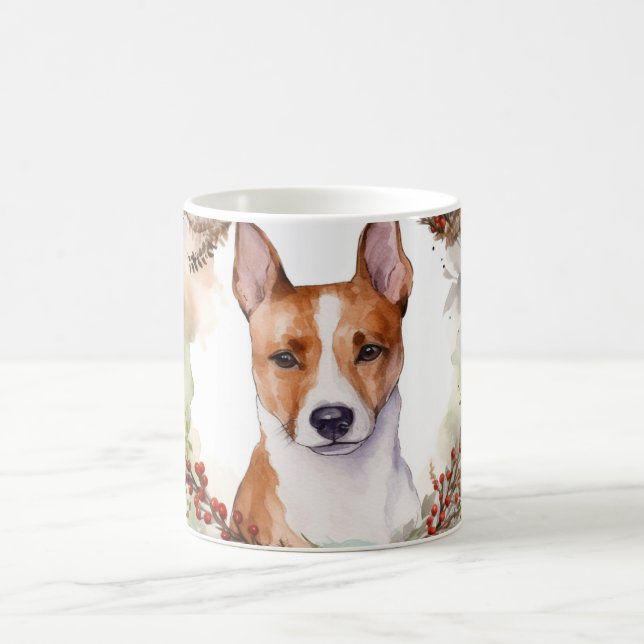 Basenji Christmas Wreath Festive Pup Coffee Mug (Center)