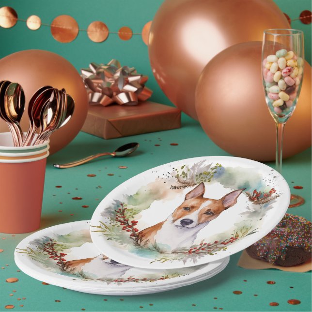 Basenji Christmas Wreath Festive Pup Paper Plates (Multi)