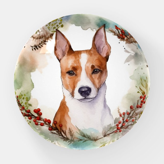 Basenji Christmas Wreath Festive Pup Paperweight (Front)
