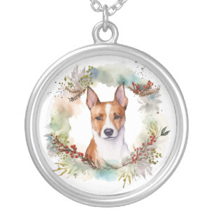 Basenji Christmas Wreath Festive Pup Silver Plated Necklace