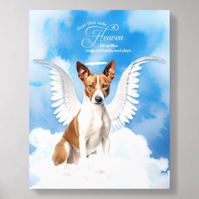 Basenji Dog Angel Wings Name Memorial Acrylic Photo Tile (Front Set)