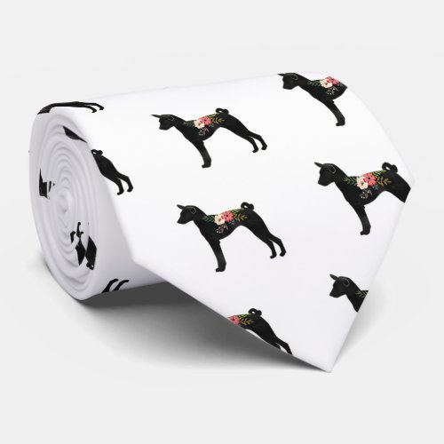 Basenji Dog Breed Boho Floral Silhouette Neck Tie
