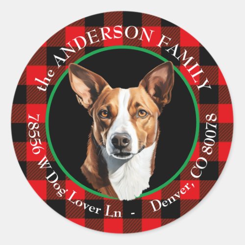 Basenji Dog Buffalo Plaid Return Address Classic Round Sticker