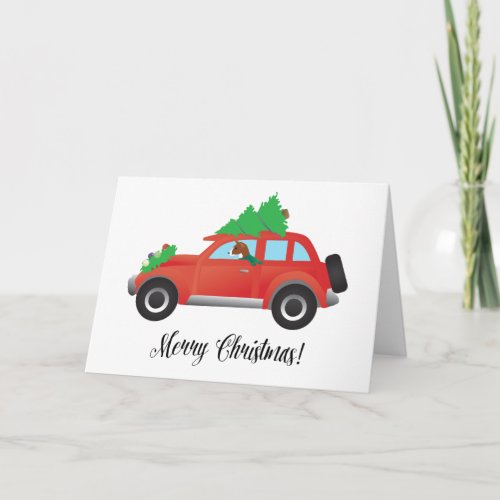 Basenji Dog Driving a  Red Car with Christmas Tree Holiday Card