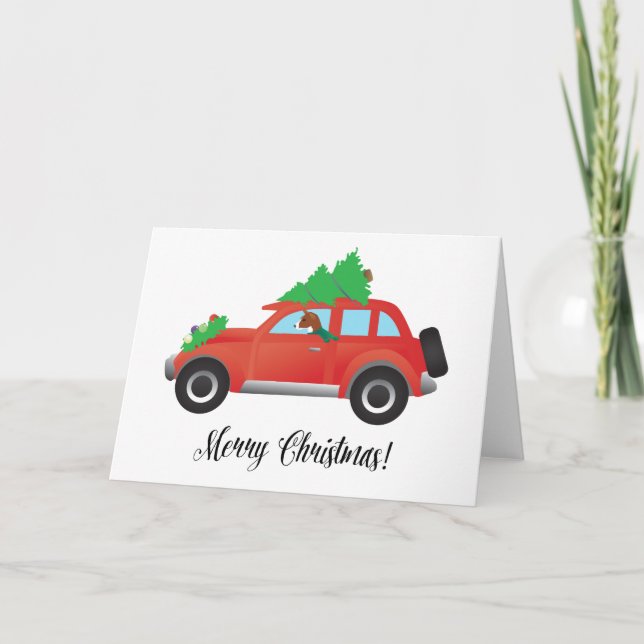 Basenji Dog Driving a  Red Car with Christmas Tree Holiday Card (Front)