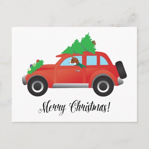 Basenji Dog Driving a Red Car with Christmas Tree Holiday Postcard