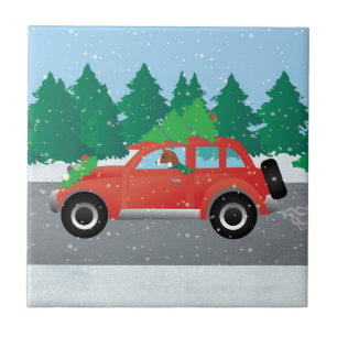 Basenji Dog Driving a Red Car with Christmas Tree Tile