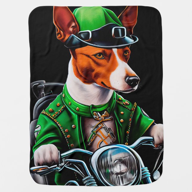Basenji Dog driving bike St. Patrick's Day Baby Blanket (Front)