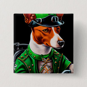 Basenji Dog driving bike St. Patrick's Day Button