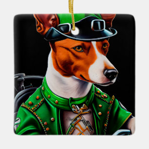 Basenji Dog driving bike St. Patrick's Day Ceramic Ornament
