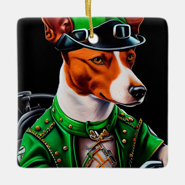 Basenji Dog driving bike St. Patrick's Day Ceramic Ornament (Front)