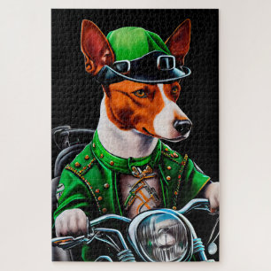 Basenji Dog driving bike St. Patrick's Day Jigsaw Puzzle
