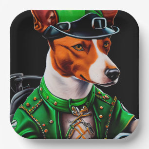 Basenji Dog driving bike St. Patrick's Day Paper Plates