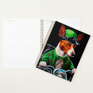 Basenji Dog driving bike St. Patrick's Day Planner
