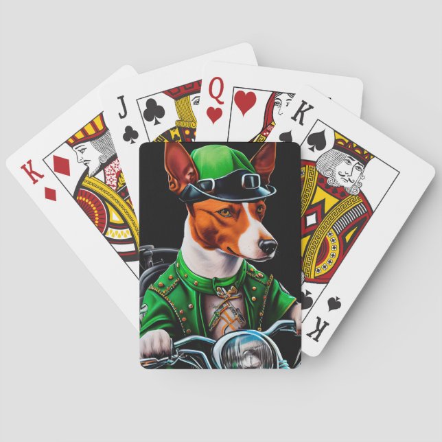 Basenji Dog driving bike St. Patrick's Day Poker Cards (Back)