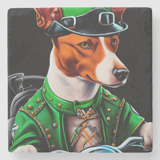 Basenji Dog driving bike St. Patrick's Day Stone Coaster (Front)
